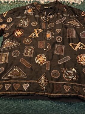 Chico's Vintage Black Button-Up Shirt with Embroidered Geometric & Sun Motifs